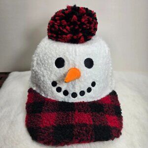 Holiday Time Snowman Sherpa Fleece Hat Cap Christmas Buffalo Plaid White…